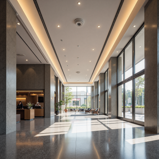 高档酒店大堂内部场景，豪华装修，大理石地面，水晶吊灯，明亮自然光